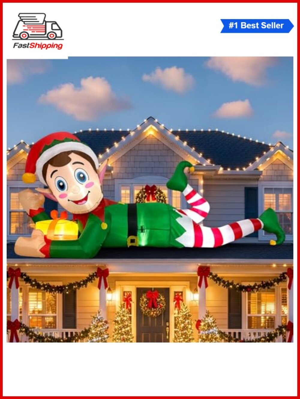 🎅 10FT Christmas Inflatable Elf Outdoor Blow Up Yard Decoration w LEDs